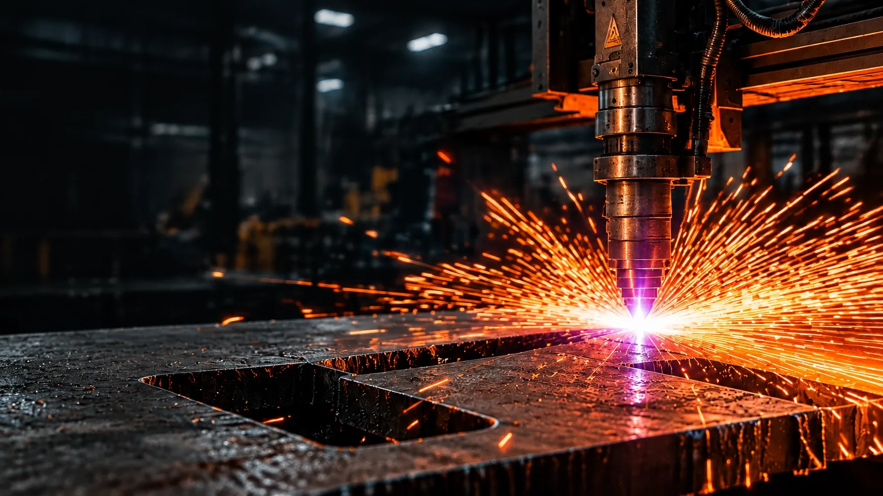 CNC plasma torch cutting heavy steel plate with sparks in a fabrication shop